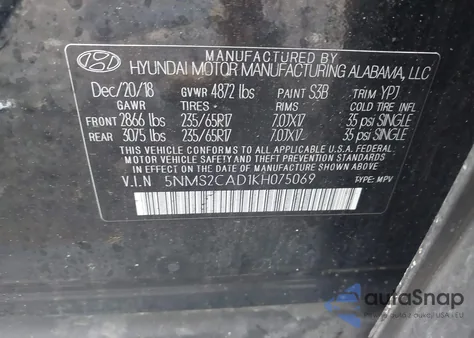 2019 Hyundai Santa Fe Se z USA, uszkodzony, nr VIN 5NMS2CAD1KH075069